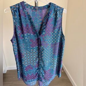 NYDJ Sleeveless V-Neck Blouse in Teal, Purple & Orange Print M